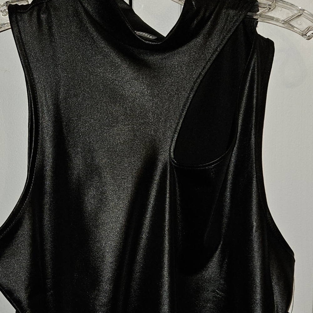 Olivia Jordan sleeveless cutout stretchy faux leather shimmery top.